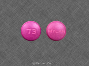 Purple Round pill with imprint MYLAN;73 — Perphenazine and amitriptyline hydrochloride Perphenazine 4 mg;amitriptyline hydrochloride 50 mg; (view 2)